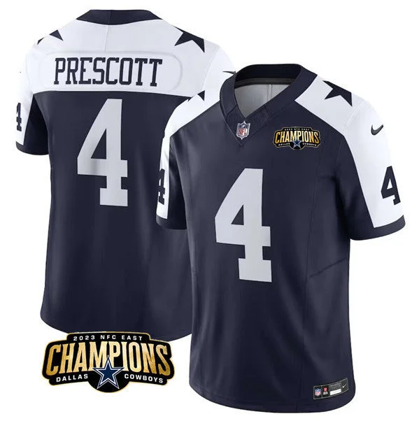 Custom Football Jersey For Charity Fundraisers-Men's Dallas Cowboys #4 Dak Prescott Navy/White 2023 F.U.S.E. NFC East Champions Patch Football Stitched Jersey