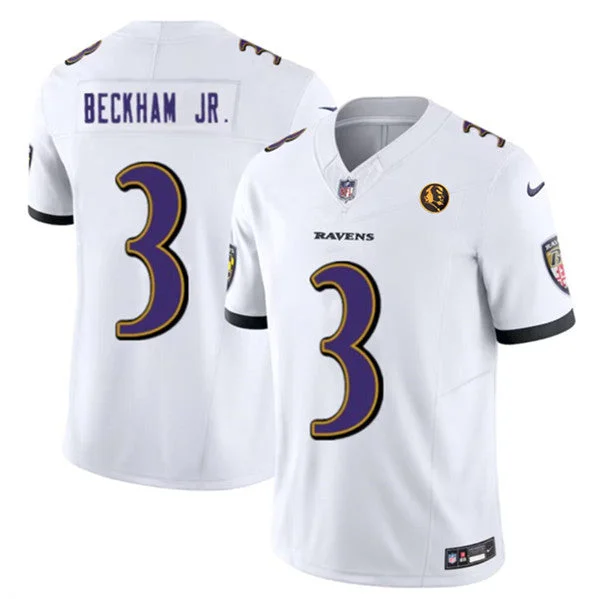 Football Jersey With Custom Artwork Designs-Men's Baltimore Ravens #3 Odell Beckham Jr. White 2023 F.U.S.E. With John Madden Patch Vapor Limited Football Stitched Jersey