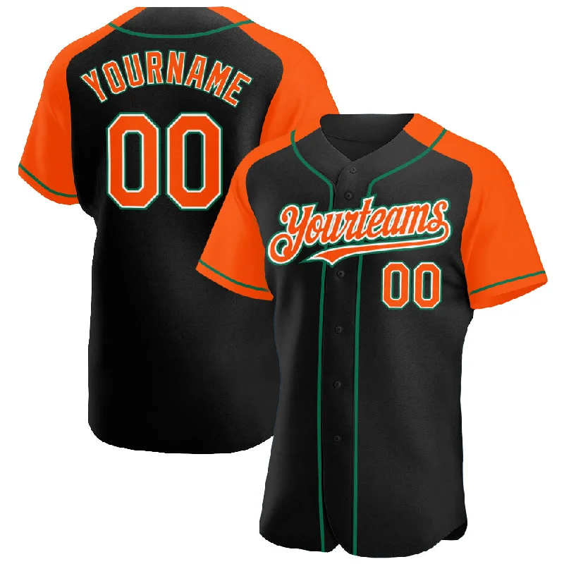 Baseball Jersey For Custom Sports Apparel-Custom Black Orange-Kelly Green Authentic Raglan Sleeves Baseball Jersey