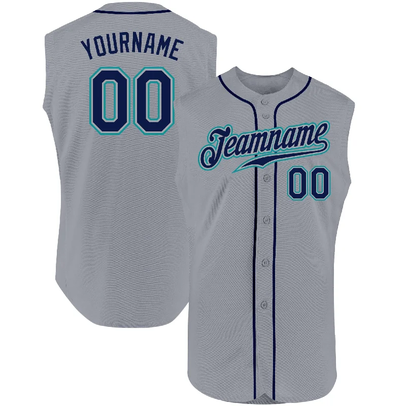 Baseball Jersey With Embroidery-Custom Gray Navy-Teal Authentic Sleeveless Baseball Jersey