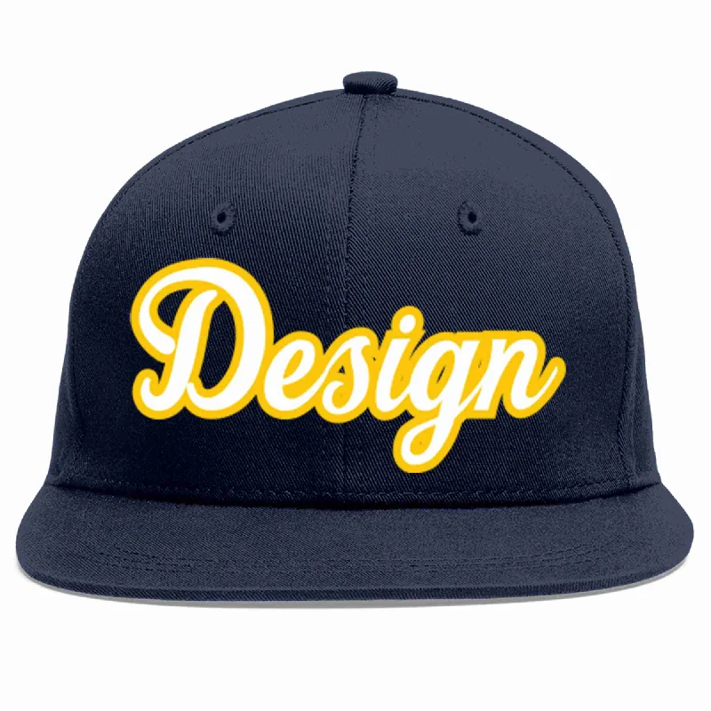 Baseball Cap With Custom Colors-Custom Navy White-Gold Flat Eaves Sport Baseball Cap Design for Men/Women/Youth