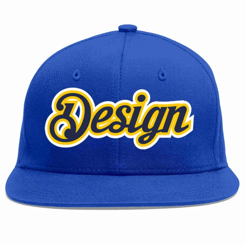 Personalized Baseball Cap-Custom Royal Navy-Gold Flat Eaves Sport Baseball Cap Design for Men/Women/Youth