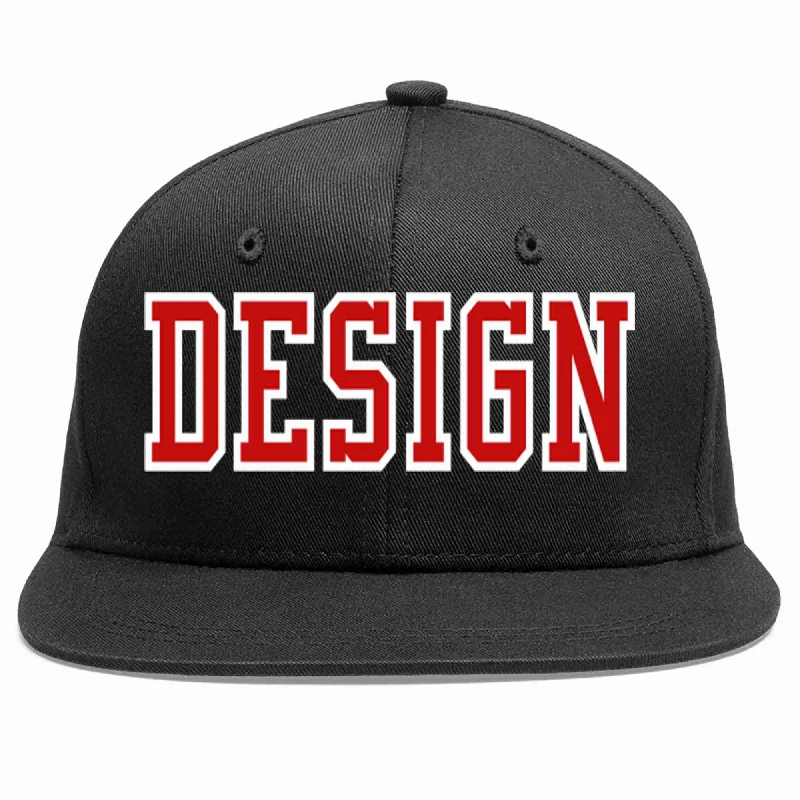 Baseball Cap With Graphics Design-Custom Black Red-White Flat Eaves Sport Baseball Cap Design for Men/Women/Youth