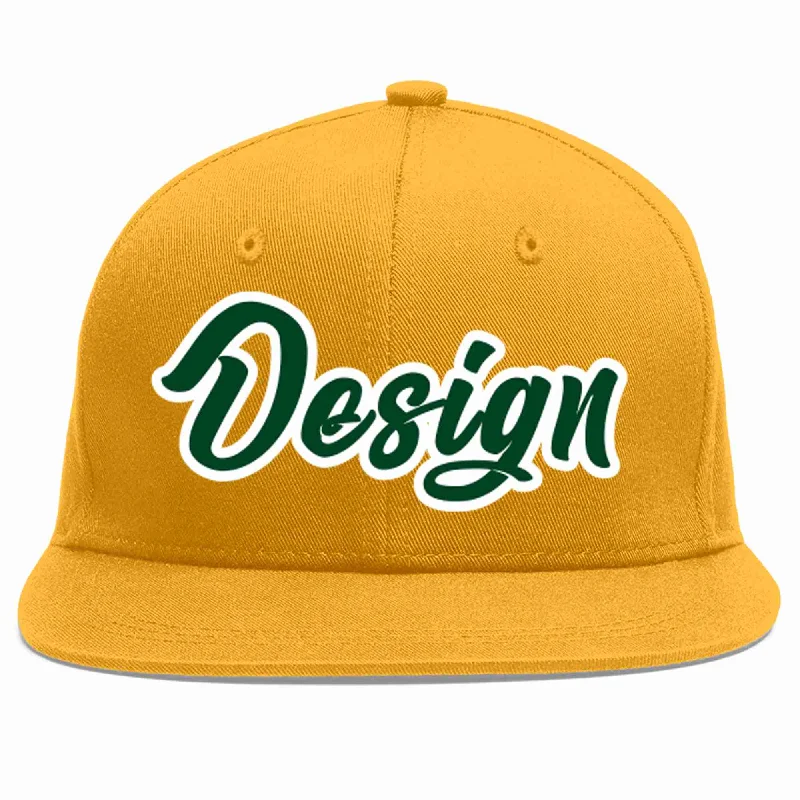 Baseball Cap For Sale-Custom Gold Green-White Flat Eaves Sport Baseball Cap Design for Men/Women/Youth