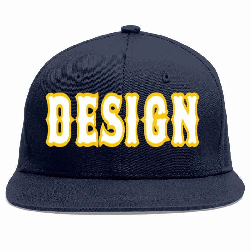 Baseball Cap For Custom Apparel Designs-Custom Navy White-Gold Flat Eaves Sport Baseball Cap Design for Men/Women/Youth