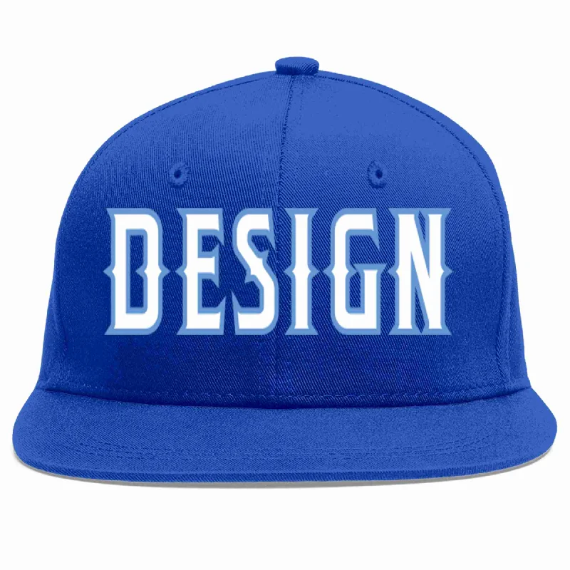 Baseball Cap With Printed Text-Custom Royal White-Light Blue Flat Eaves Sport Baseball Cap Design for Men/Women/Youth