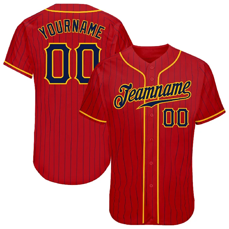 Baseball Jersey For Sports Gear-Custom Red Navy Pinstripe Navy-Gold Authentic Baseball Jersey