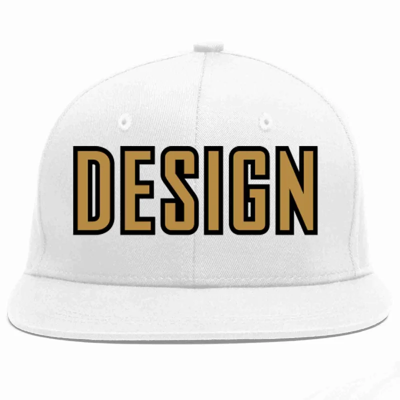 Baseball Cap With Personalized Designs-Custom White Old Gold-Black Flat Eaves Sport Baseball Cap Design for Men/Women/Youth