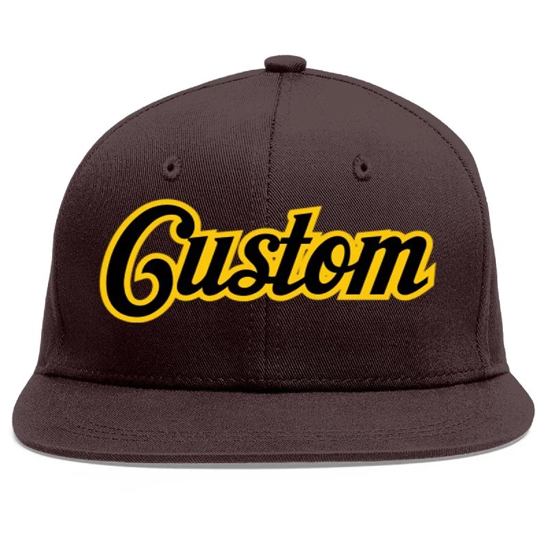 Baseball Cap For Limited Edition Apparel-Custom Brown Black-Gold Flat Eaves Sport Baseball Cap