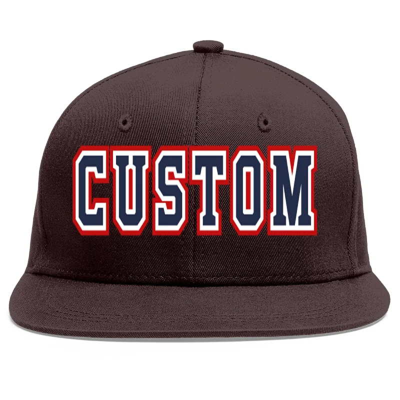 Baseball Cap With Adjustable Strap-Custom Brown Navy-White Flat Eaves Sport Baseball Cap