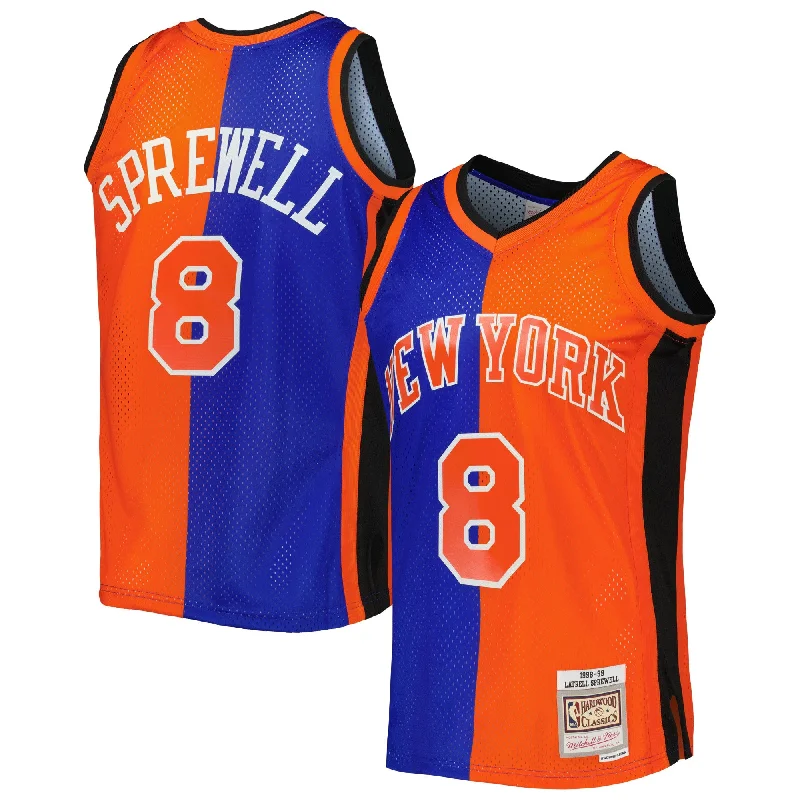 Basketball Jersey For Custom Event Apparel-Latrell Sprewell New York Knicks Hardwood Classics 1998/99 Split Swingman Basketball Jersey - Blue/orange