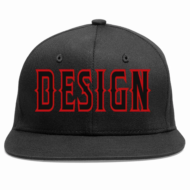 Baseball Cap With Limited Run Styles-Custom Black Black-Red Flat Eaves Sport Baseball Cap Design for Men/Women/Youth