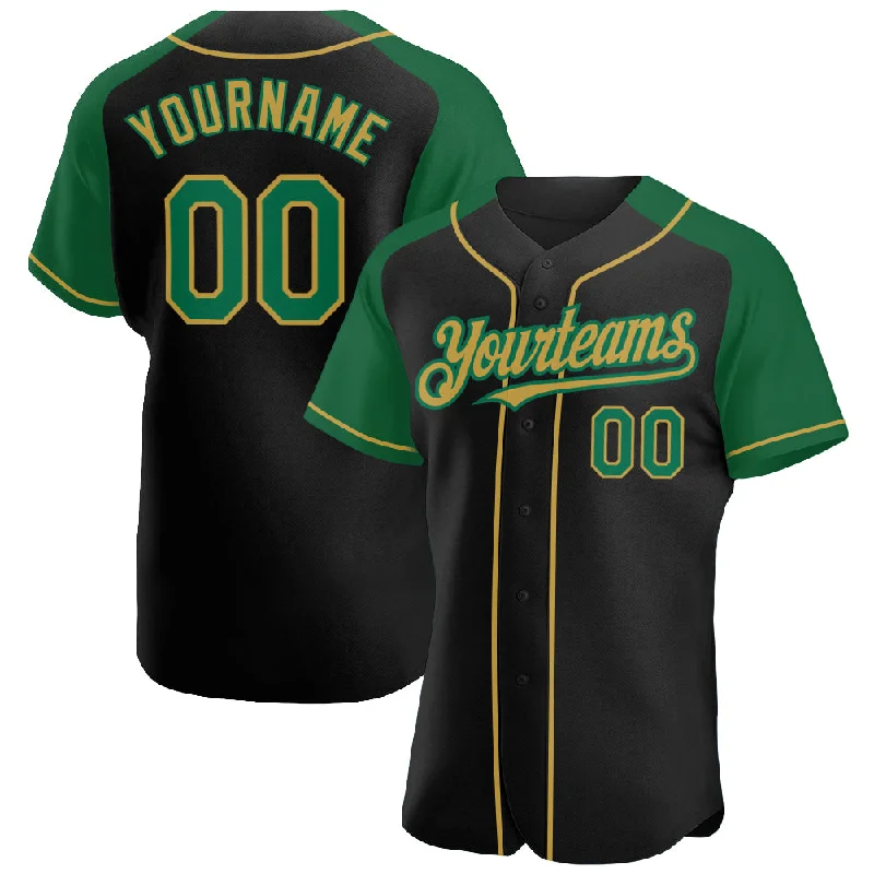 Baseball Jersey With Patches-Custom Black Kelly Green-Old Gold Authentic Raglan Sleeves Baseball Jersey