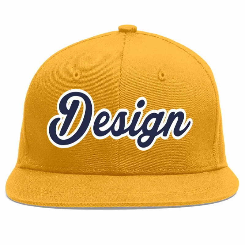 Custom Embroidered Baseball Cap-Custom Gold Navy-White Flat Eaves Sport Baseball Cap Design for Men/Women/Youth