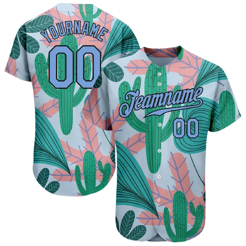 Baseball Jersey For Team Event Apparel-Custom Sky Blue Light Blue-Black 3D Pattern Design Cactus And Leaves Authentic Baseball Jersey