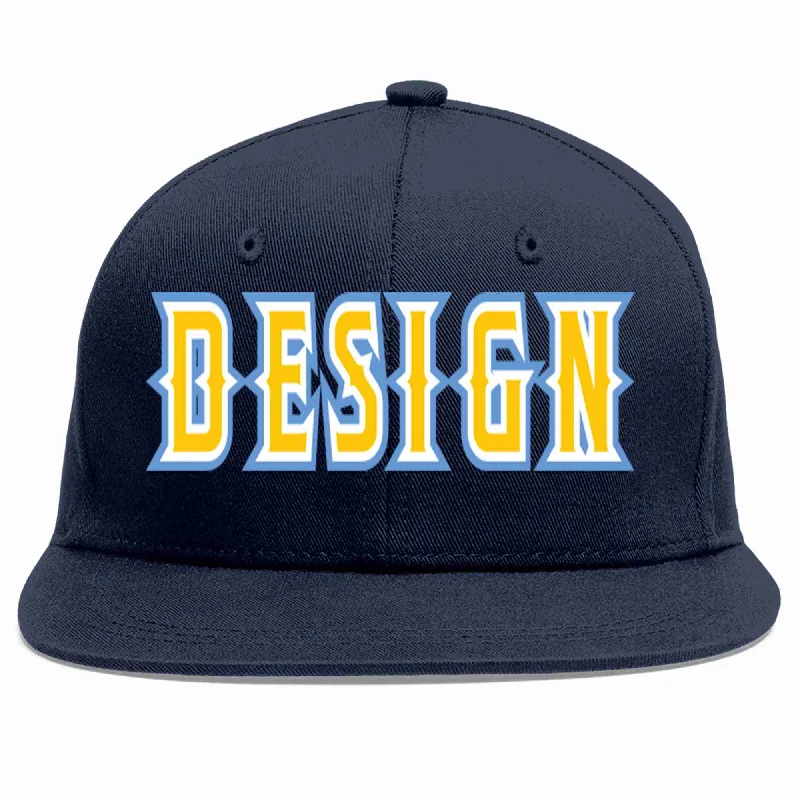 Baseball Cap For Soccer Fans-Custom Navy Gold-White Flat Eaves Sport Baseball Cap Design for Men/Women/Youth