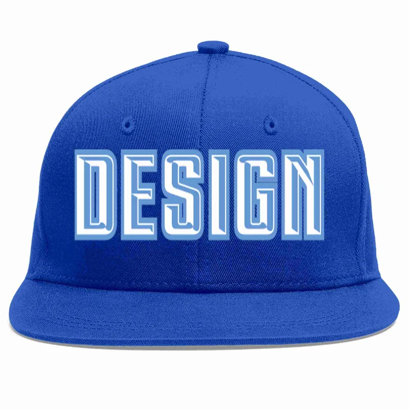 Baseball Cap With Initials-Custom Royal White-Light Blue Flat Eaves Sport Baseball Cap Design for Men/Women/Youth