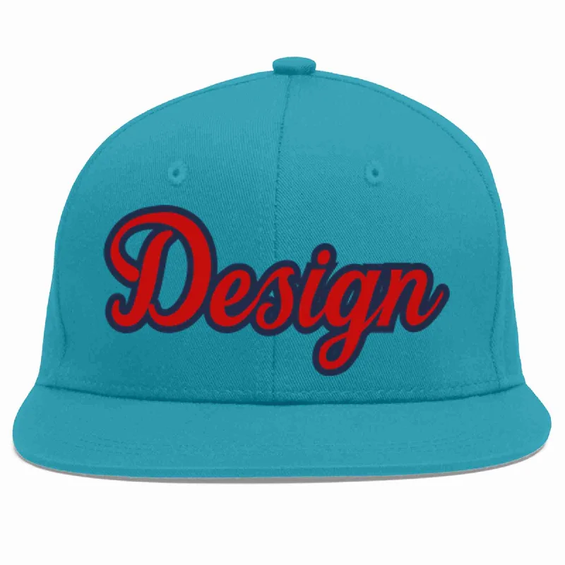 Baseball Cap With Team Sponsorship-Custom Aqua Red-Navy Flat Eaves Sport Baseball Cap Design for Men/Women/Youth