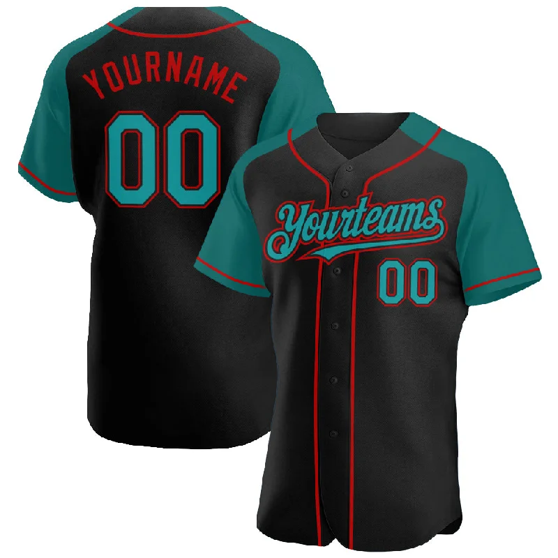 Baseball Jersey For Outdoor Activities-Custom Black Teal-Red Authentic Raglan Sleeves Baseball Jersey