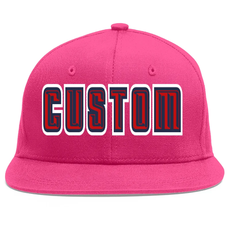 Snapback Baseball Cap-Custom Rose Red Red-Navy Flat Eaves Sport Baseball Cap