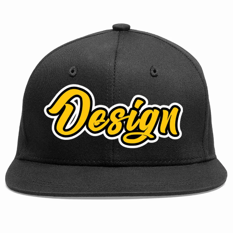 Baseball Cap For All-Weather Protection-Custom Black Gold-Black Flat Eaves Sport Baseball Cap Design for Men/Women/Youth