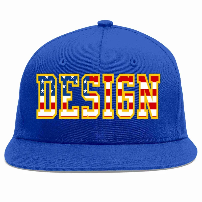 Baseball Cap For Fan Gear-Custom Royal USA-Gold Flat Eaves Sport Baseball Cap Design for Men/Women/Youth