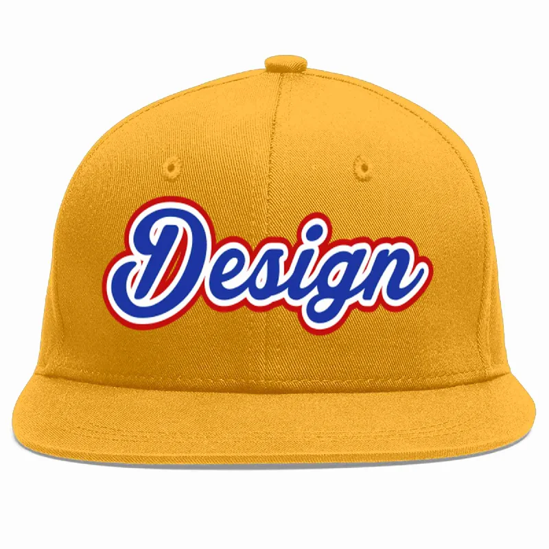 Custom Snapback Baseball Cap-Custom Gold Royal-White Flat Eaves Sport Baseball Cap Design for Men/Women/Youth