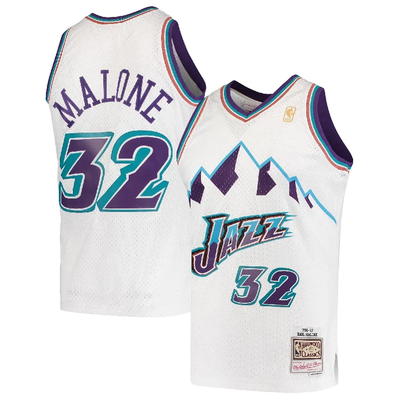 Basketball Jersey With Custom Text and Logos-Karl Malone Utah Jazz 1996/97 Hardwood Classics Swingman Basketball Jersey - White