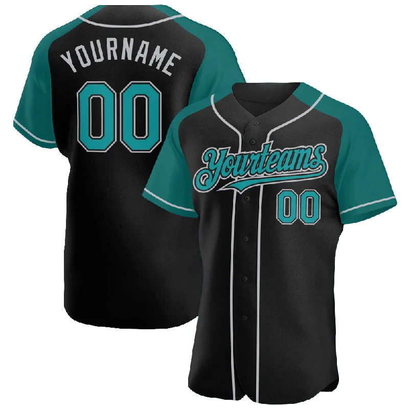 Baseball Jersey For Casual Wearers-Custom Black Teal-Gray Authentic Raglan Sleeves Baseball Jersey