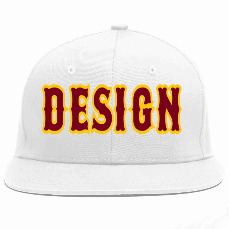 Baseball Cap With Ventilation-Custom White Crimson-Gold Flat Eaves Sport Baseball Cap Design for Men/Women/Youth