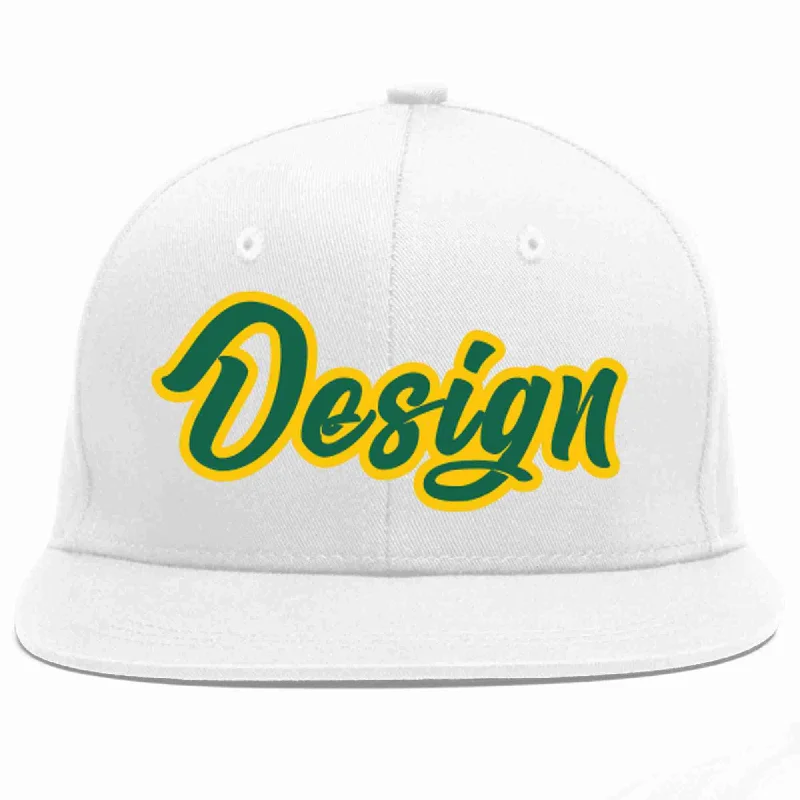 Baseball Cap With Fun Designs-Custom White Kelly Green-Gold Flat Eaves Sport Baseball Cap Design for Men/Women/Youth