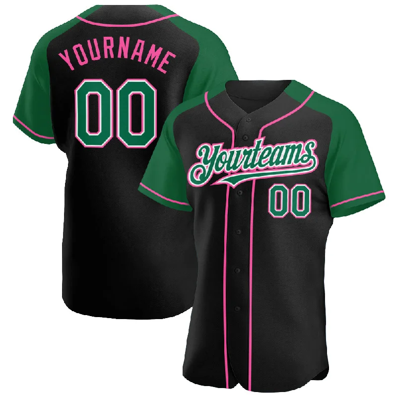 Baseball Jersey With Team Logo-Custom Black Kelly Green-Pink Authentic Raglan Sleeves Baseball Jersey