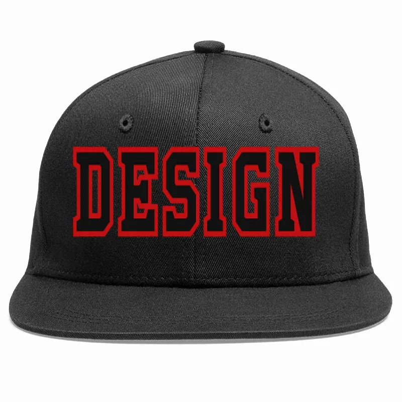 Baseball Cap For Concert Fans-Custom Black Black-Red Flat Eaves Sport Baseball Cap Design for Men/Women/Youth