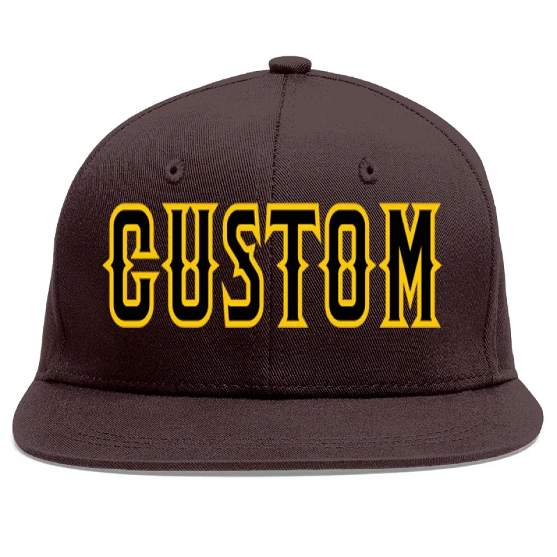 Baseball Cap With Comfortable Lining-Custom Brown Black-Gold Flat Eaves Sport Baseball Cap