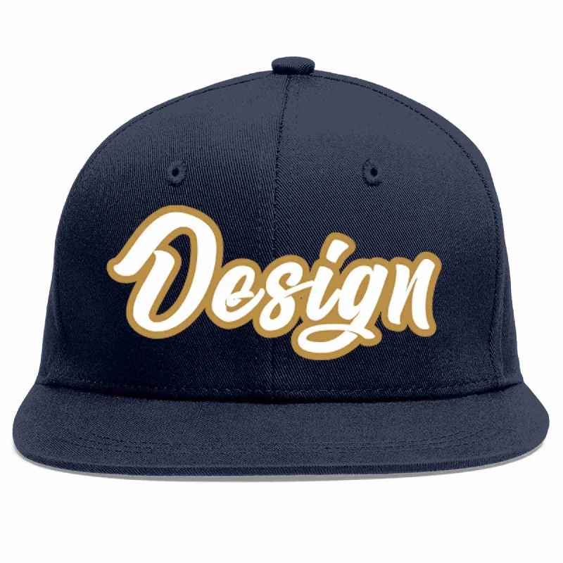 Embroidered Baseball Cap-Custom Navy White-Old Gold Flat Eaves Sport Baseball Cap Design for Men/Women/Youth