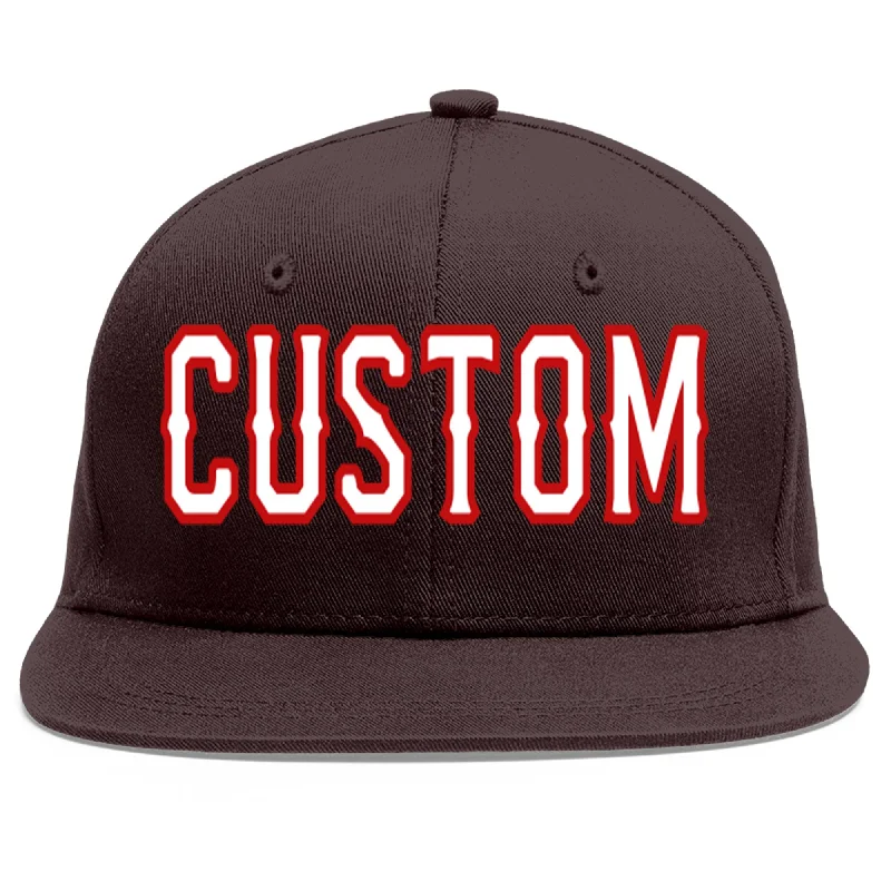 Baseball Cap For School Apparel-Custom Brown White-Red Flat Eaves Sport Baseball Cap