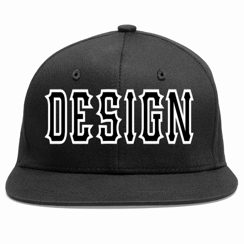 Baseball Cap For Football Fans-Custom Black Black-White Flat Eaves Sport Baseball Cap Design for Men/Women/Youth