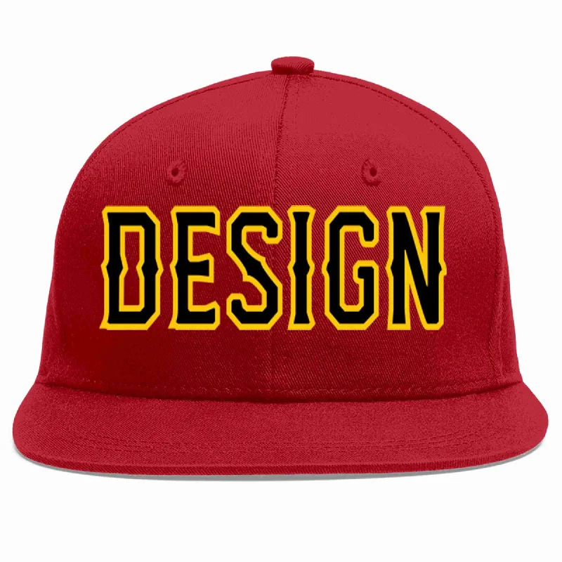 Baseball Cap For Fishing Enthusiasts-Custom Red Black-Gold Flat Eaves Sport Baseball Cap Design for Men/Women/Youth