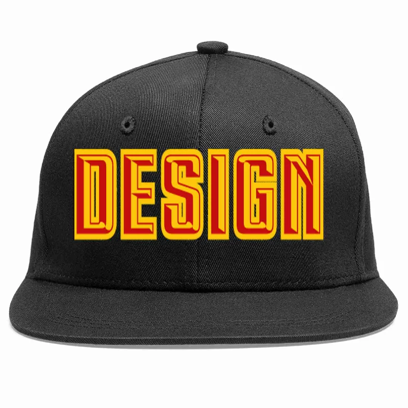 Baseball Cap For Spring-Custom Black Red-Yellow Flat Eaves Sport Baseball Cap Design for Men/Women/Youth