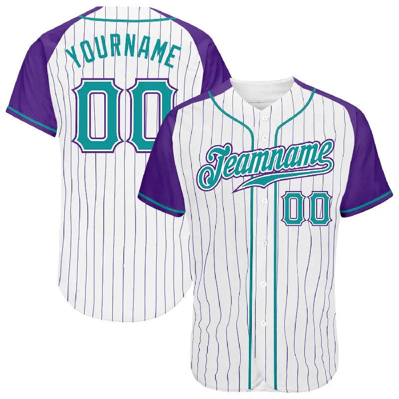 Baseball Jersey With Distressed Look-Custom White Purple Pinstripe Teal-Purple Authentic Raglan Sleeves Baseball Jersey