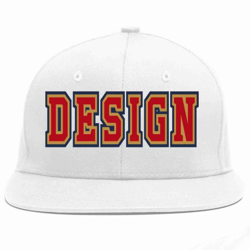 Custom Baseball Cap For Gifts-Custom White Red-Old Gold Flat Eaves Sport Baseball Cap Design for Men/Women/Youth