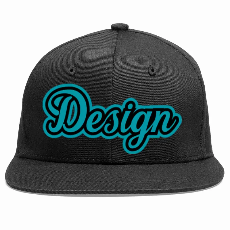 Baseball Cap With Custom Fabric-Custom Black Aqua-Black Flat Eaves Sport Baseball Cap Design for Men/Women/Youth