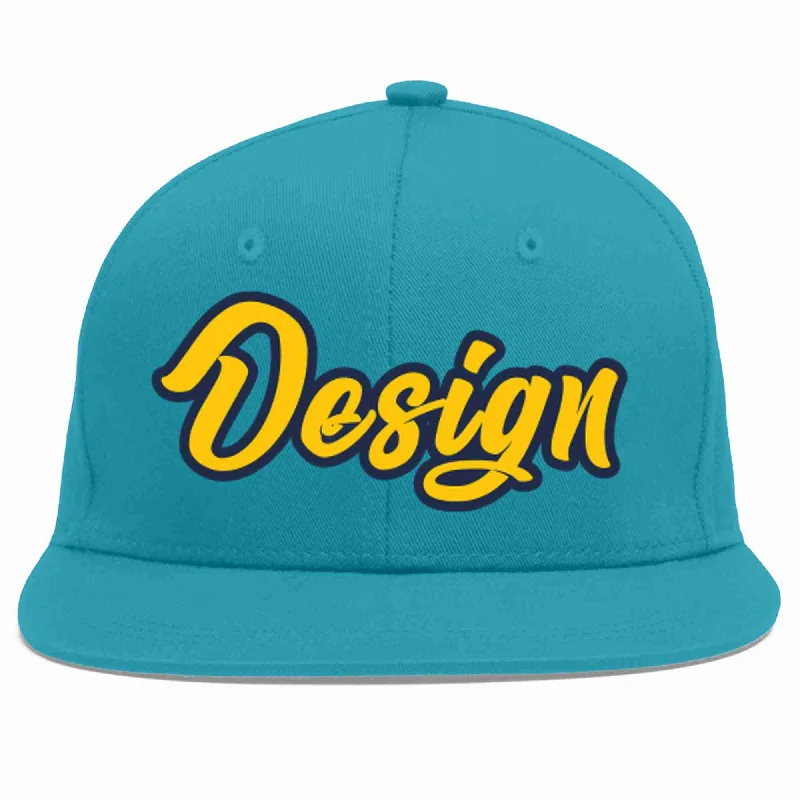 Baseball Cap With Custom Text-Custom Aqua Gold-Navy Flat Eaves Sport Baseball Cap Design for Men/Women/Youth