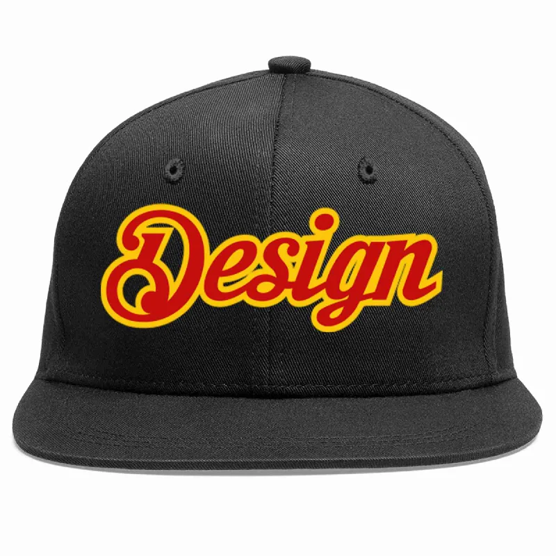 Baseball Cap With Custom Design-Custom Black Red-Yellow Flat Eaves Sport Baseball Cap Design for Men/Women/Youth