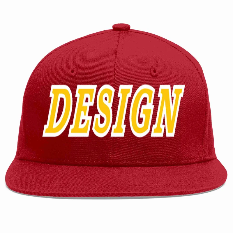 Baseball Cap For All-Weather Protection-Custom Red Gold-White Flat Eaves Sport Baseball Cap Design for Men/Women/Youth