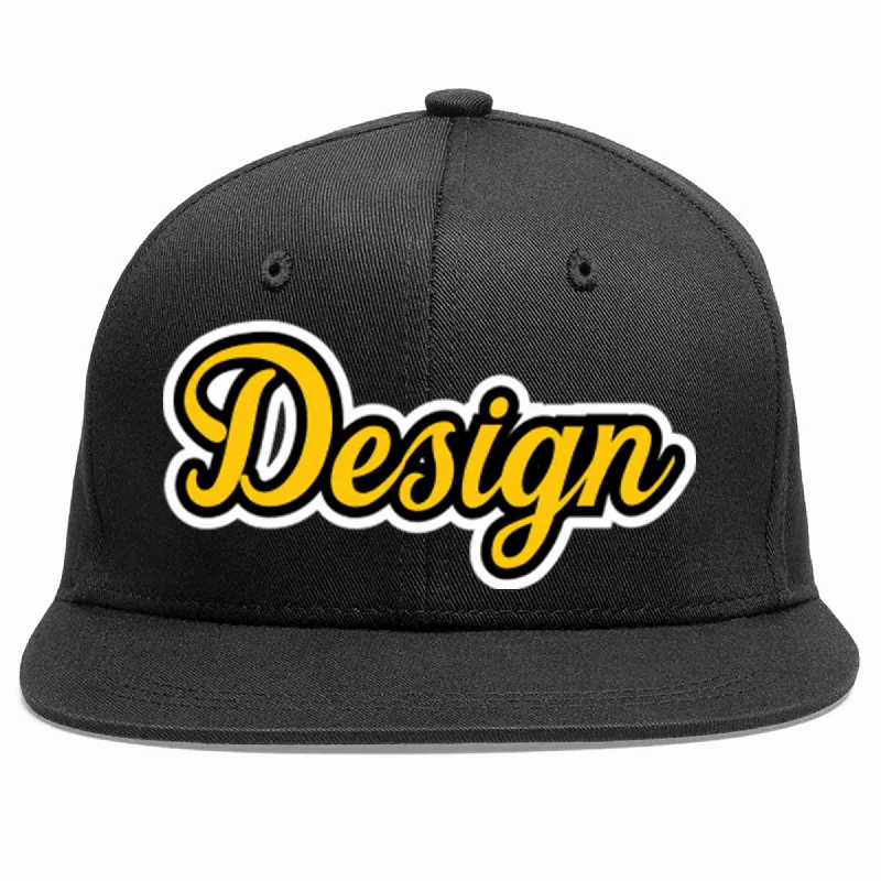 Baseball Cap With Breathable Fabric-Custom Black Gold-Black Flat Eaves Sport Baseball Cap Design for Men/Women/Youth