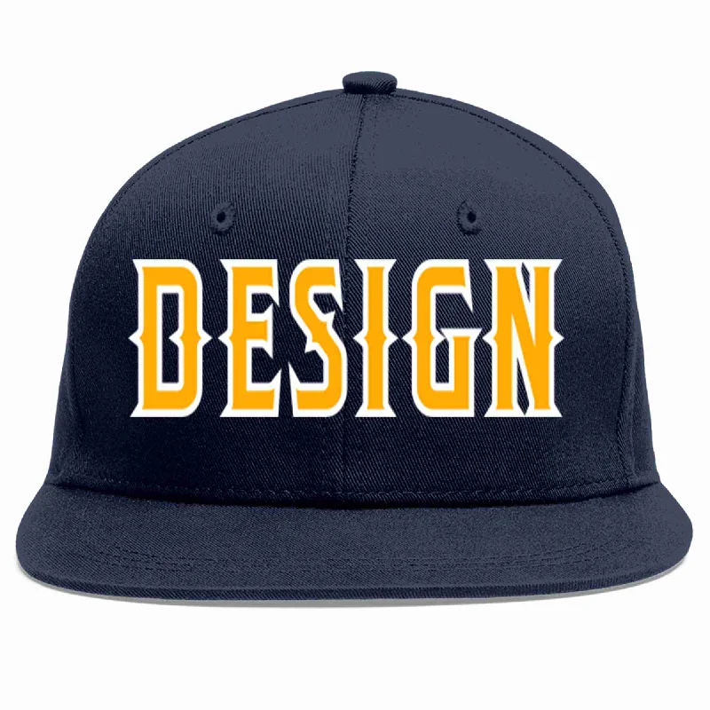 Baseball Cap For Sports Fans-Custom Navy Yellow-White Flat Eaves Sport Baseball Cap Design for Men/Women/Youth