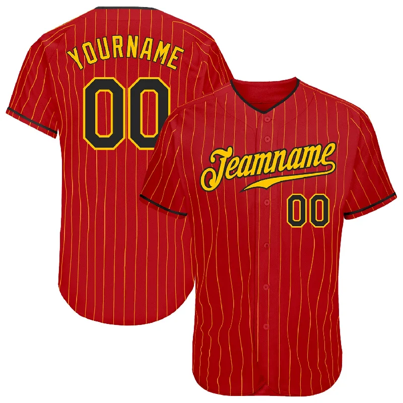 Baseball Jersey For Custom Sports Apparel-Custom Red Gold Pinstripe Black-Gold Authentic Baseball Jersey