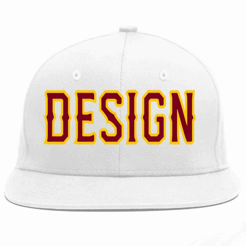 Baseball Cap With Player Number-Custom White Crimson-Gold Flat Eaves Sport Baseball Cap Design for Men/Women/Youth