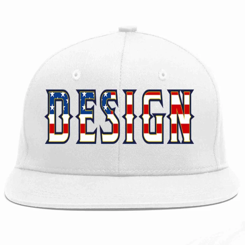 Baseball Cap For Sporting Events-Custom White Vintage USA Flag-Gold Flat Eaves Sport Baseball Cap Design for Men/Women/Youth